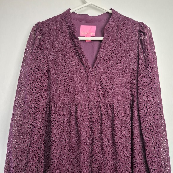 Lilly Pulitzer Womens XS Dress Winona Eyelet Long Sleeve Cherry Ganache Tiered - Picture 3 of 10